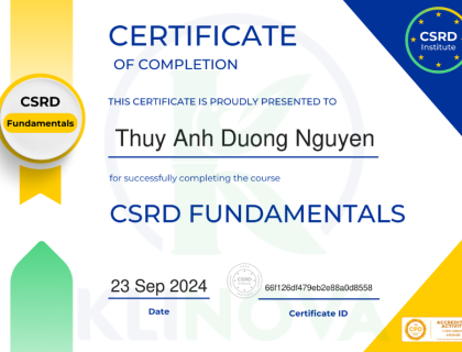 Chứng nhận hoàn thành khóa học Cơ bản về CSRD cho nhân viên KLINOVA